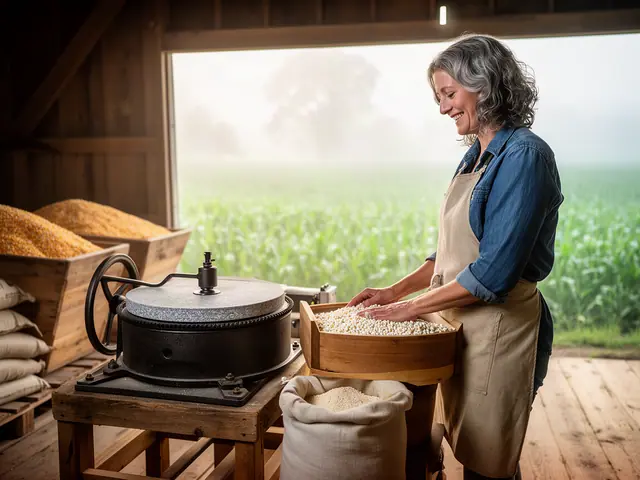 A miller beside her new stone grist mill with a tray of dried corn in a misty-morning mill room.