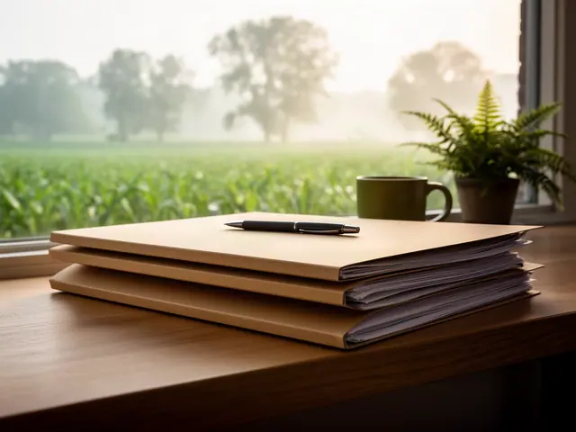 A neat stack of closed manila folders and a pen on a desk by a window.