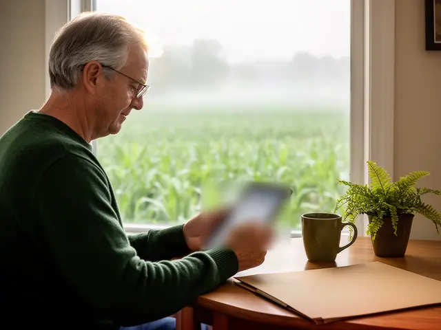 A grain-hauling business owner reviewing accounts on a tablet by a misty field.