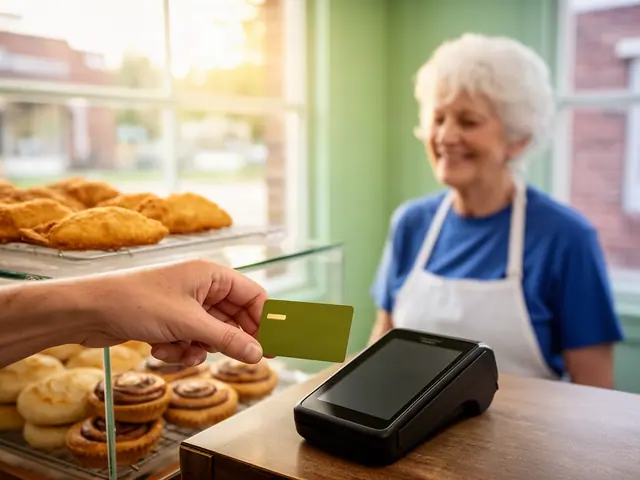 A customer taps a card on a counter terminal at a small family bakery with fried pies.