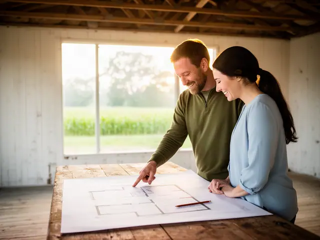 Two business partners looking over a pencil floor sketch in an empty storefront.